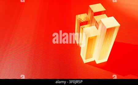 Digital render of abstract orange translucent cubes standing on a vivid textured red surface. The composition highlights modern artistry with a striki Stock Photo