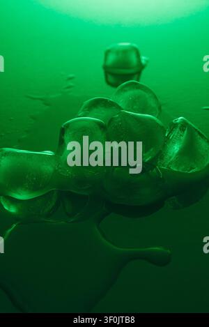 Pure clean transparent Ice Cubes Melting On Mirror Surface In Neon Green Light Still Life cosmetic spa Stock Photo