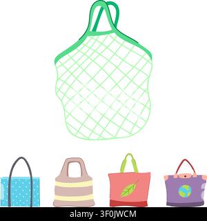 Collection of five diverse reusable shopping bags highlighting environmental responsibility and zero waste practices for conscious consumers choosing Stock Vector