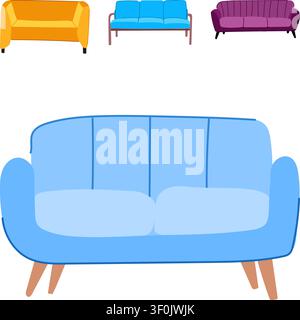 Modern sofas and couches presenting various colors and styles, creating a comfortable and inviting atmosphere for home interiors or waiting areas with Stock Vector