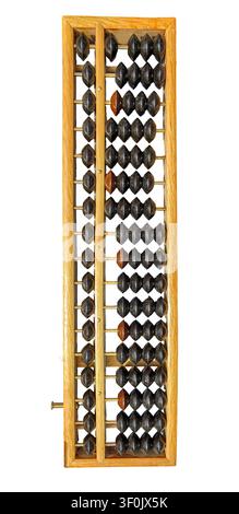 Wooden abacus stands vertically with dark ovular beads on a light wood frame. It remains isolated against a clean white background, showcasing its des Stock Photo