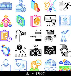 Set of diverse vector icons depicting concepts from artificial intelligence and financial success to transportation, education, gaming, and daily life Stock Vector