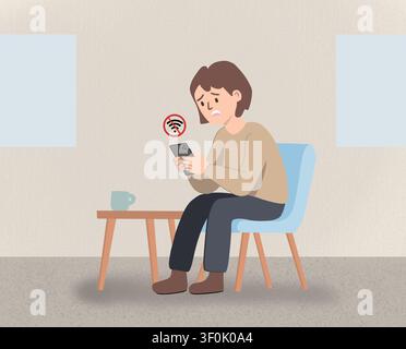 Flat illustration of a sad woman sitting with smartphone and no wi fi symbol, showing digital addiction, screen dependency, stress, anxiety, and menta Stock Photo