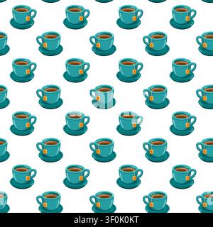 Seamless pattern with teal tea cups and tea bags on white background. Cartoon vector cozy beverage background Stock Vector
