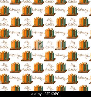Seamless pattern with bookshelves and My little library lettering on white background. Cartoon vector cozy reading background Stock Vector