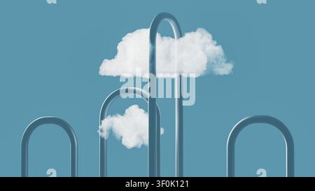 Two clouds float above curved lines representing technology. The clouds symbolize data flowing through a network in a digital landscape. Stock Photo