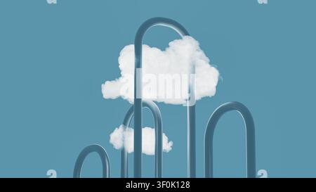 Two clouds float above curved lines representing technology. The clouds symbolize data flowing through a network in a digital landscape. Stock Photo
