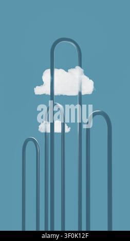 Two clouds float above curved lines representing technology. The clouds symbolize data flowing through a network in a digital landscape. Stock Photo
