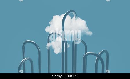 Two clouds float above curved lines representing technology. The clouds symbolize data flowing through a network in a digital landscape. Stock Photo