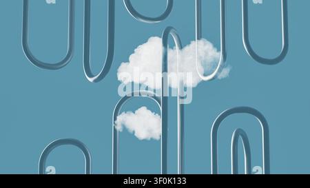 Two clouds float above curved lines representing technology. The clouds symbolize data flowing through a network in a digital landscape. Stock Photo