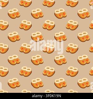 Seamless pattern with cozy orange slippers and red hearts on beige background. Cartoon vector homewear print Stock Vector