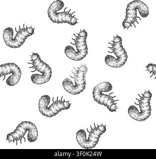 seamless pattern soil chafer hand drawn. grub lawn, silhouette garden, summer pest soil chafer black sketch illustration Stock Vector