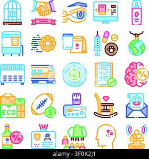 Collection of outline icons representing various concepts including business, health, technology, environment, education, and lifestyle, illustrating Stock Vector