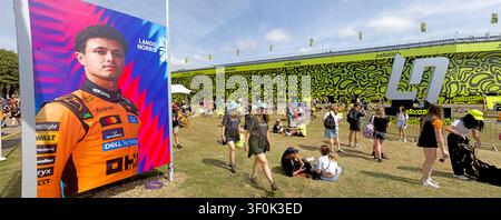 McLaren Lando Norris mania at the fanzone 2026 British Grand Prix, SilverstoneLando Norris fan zone with Landostand and LN podium display at the 2026 Stock Photo