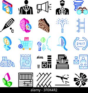 Collection of doodle style isometric icons illustrating modern concepts across business, medicine, and technology, including communication, finance, h Stock Vector