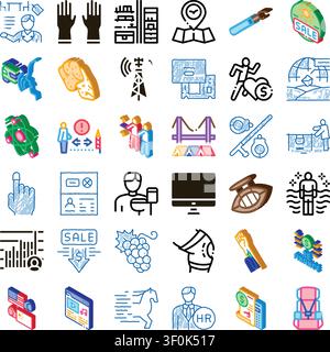 Large collection of diverse doodle style icons representing various business concepts, social interactions, technological elements, everyday objects, Stock Vector