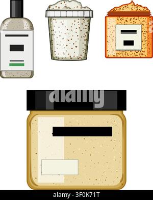 Assorted collection of skincare containers, including jars and bottles, filled with textured exfoliating scrub, ideal for beauty, hygiene, and self ca Stock Vector