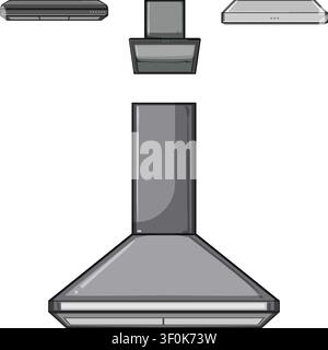 Various types of household range hoods appearing as a clean vector graphic illustration, offering kitchen ventilation for cooking fumes and odors in a Stock Vector