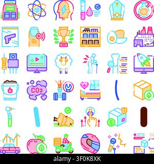 Set of line icons illustrating different fields and contemporary topics including business, technology, healthcare, education, environment, and logist Stock Vector