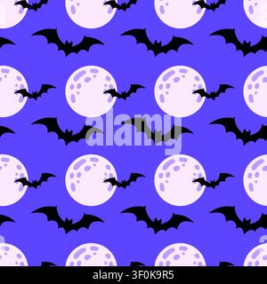Halloween seamless pattern with flying bat and full moon on purple background for holiday wrapping paper and textile design. Stock Vector