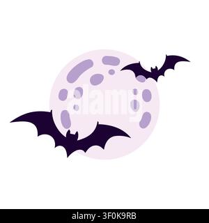 Halloween bat element with full moon isolated on white background, cute spooky clipart vector illustration for holiday design Stock Vector