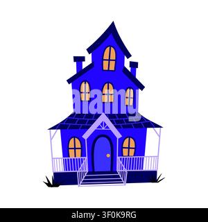 Spooky halloween haunted house isolated on white background, cute cartoon purple witch mansion vector illustration for holiday design Stock Vector