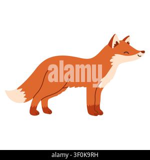Cute red fox standing vector illustration. Flat design woodland predator icon isolated on white background. Perfect for autumn graphics, wild nature Stock Vector