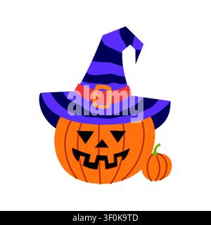 Halloween pumpkin jack o lantern in purple witch hat isolated on white background, cute spooky holiday vector illustration Stock Vector