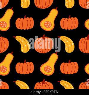 Autumn seamless pattern with different pumpkin and squash on brown background, thanksgiving harvest vegetable vector illustration Stock Vector