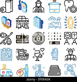 Collection of mixed line and glyph icons depicting various professional occupations, daily life objects, and digital concepts for industry, healthcare Stock Vector