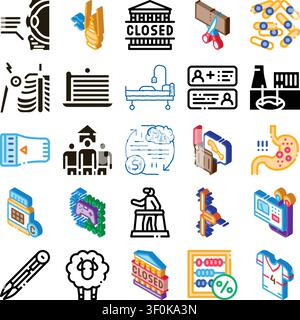 Collection of colorful isometric and contour line icons representing various concepts including healthcare, finance, technology, industry, management, Stock Vector
