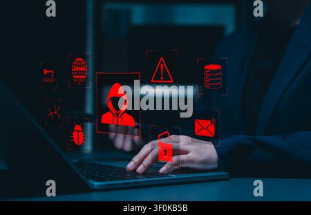 Cybersecurity hacker threat concept. hacker icon, malware attack warning, security alert, unlocked padlock, server breach, unauthorized access, Stock Photo