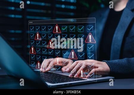 Data audit error, cybersecurity vulnerability detection system interface with checklist warning, showing risk assessment, security inspection, Stock Photo