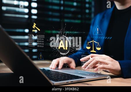 Artificial intelligence regulation law and AI ethics compliance governance system concept. Lawyer using laptop to audit digital tech legal policy, Stock Photo