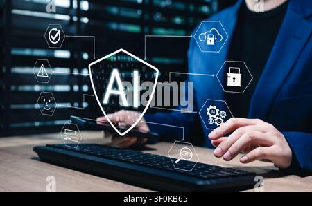 AI cybersecurity and data protection technology concept. IT expert using keyboard and phone showing digital privacy network security, Stock Photo
