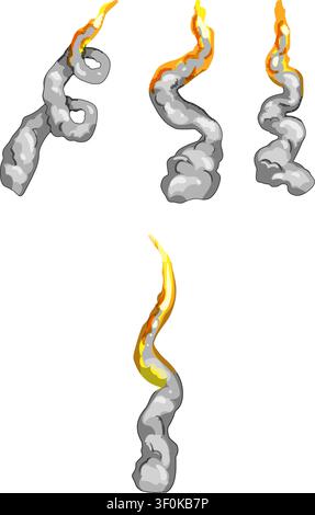 Cartoon style set of animated smoke and fiery orange yellow trails showing motion and energy for game effects, explosions, rocket exhaust and dynamic Stock Vector