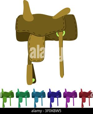 Red brown western saddle with stitched detailing and brass rings, classic equestrian riding gear for ranching, horsemanship and cowboy lifestyle, isol Stock Vector
