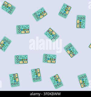 pattern levers retro control panel cartoon. meters buttons, lights indicators, toggles sliders levers retro control panel sign. seamless vector illust Stock Vector