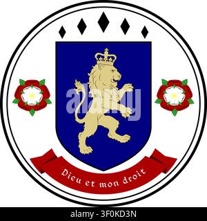 Classic British heraldic seal featuring a crowned lion rampant on a navy shield, flanked by Tudor roses and the royal motto Dieu et mon droit beneath. Stock Vector