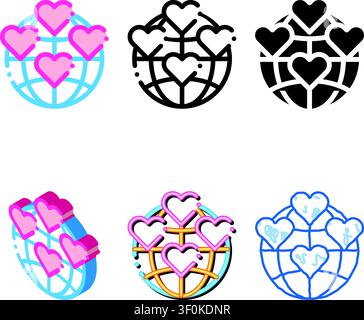 diversity Universe Volunteers Support Vector Thin Line Icon. Volunteers Support, Help Charitable Organizations, Heart World Love Linear Pictogram. Peo Stock Vector