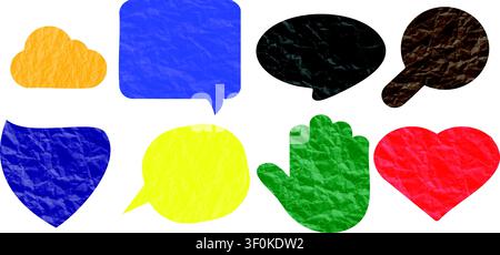 Colorful Crumpled Paper Speech Bubble Collection Set with Textured Chat Message Shapes Isolated on White Background for Social Media Communication and Stock Vector