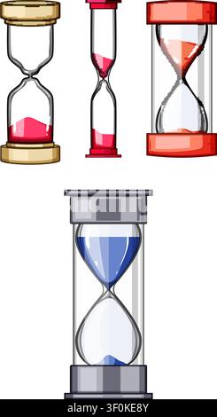 Various colorful sand timers depicting the measurement of time, deadline management, and the finite nature of periods, useful for educational or plann Stock Vector