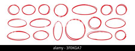 Hand drawn red line brush oval set. Hand drawn line brush pencil oval red color doodle marker chalk pen. Round circle underline frame check sign bubble texture background. Vector illustration Stock Vector
