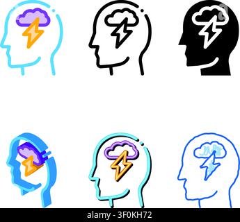 Raining Lightning Cloud In Silhouette Mind Vector Icon Thin Line. variants Gear And Brain, Heart And Shield, Padlock And Magnifier Stock Vector