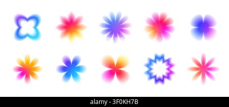 Blurry iridescent gradient flowers pack. Smooth rainbow blurred blossom shapes collection. Abstract fading bloom elements for sticker, poster, badge, collage. Vector bright gradation floral aura set Stock Vector