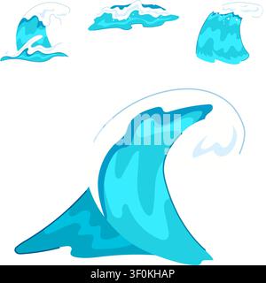 Blue stylized ocean waves with dynamic splashes and flowing motion, perfect for beach, surf, aquatic or summer design projects needing energetic water Stock Vector