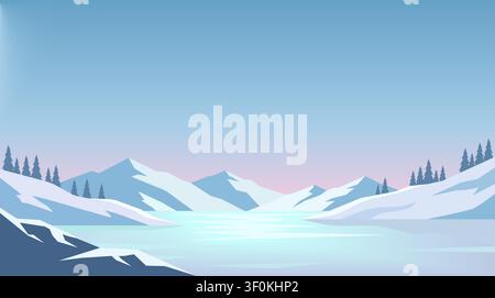 Serene winter landscape vector illustration featuring snow-capped mountains, a frozen lake, and pine trees under a clear blue sky. Stock Vector