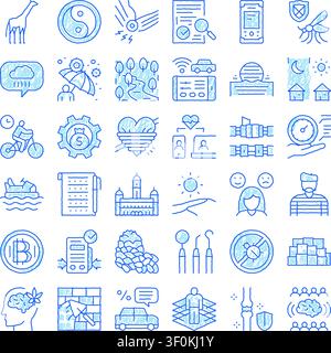 Collection of blue linear icons offering a broad spectrum of symbols representing abstract ideas, everyday situations, health, technology, finance, an Stock Vector