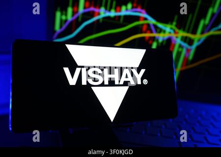 Vishay Electronic Components and Semiconductor Manufacturing Company Logo on Smartphone Display with Stock Market Performance Chart Stock Photo