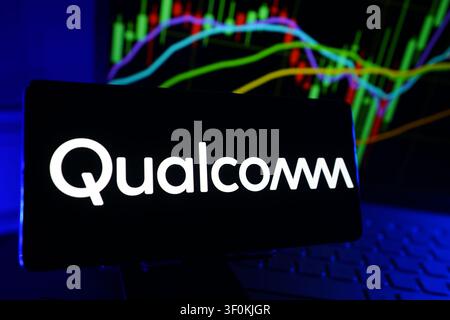 Qualcomm Semiconductor and Wireless Technology Company Logo on Smartphone Display with Stock Market Performance Chart Stock Photo